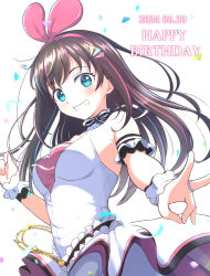 1girl absurdres aqua_eyes bare_shoulders bow brown_hair dated hair_bow happy_birthday highres kizuna_ai long_hair sleeveless smile solo ushimarutouta