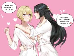 Rule 34 | 2girls, astra yao, bathrobe, bite mark, bite mark on neck, black hair, blonde hair, breasts, cleavage, commentary, english commentary, english text, evelyn chevalier, fuori, hand on another&#039;s waist, heart, highres, large breasts, lipstick mark, lipstick mark on arm, looking at another, mole, mole under eye, multiple girls, open mouth, parted lips, pink background, purple eyes, simple background, smile, speech bubble, yuri, zenless zone zero