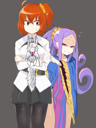 2girls ahoge belt black_pantyhose black_skirt breasts chaldea_uniform chinese_clothes collared_shirt dress fate/grand_order fate_(series) flying_sweatdrops forehead fou_(fate) fujimaru_ritsuka_(female) hair_ornament hair_scrunchie hanfu highres long_hair long_sleeves medium_breasts multiple_girls one_side_up orange_eyes orange_hair orange_scrunchie pantyhose parted_bangs pelvic_curtain purple_dress purple_eyes purple_hair scrunchie shaded_face shirt short_hair sidelocks skirt small_breasts thighs twintails user_fkzw8222 very_long_hair white_shirt wide_sleeves wu_zetian_(fate) wu_zetian_(first_ascension)_(fate) yellow_scrunchie