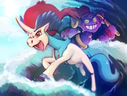 abbystabby brown_eyes commentary creature english_commentary full_body gen_5_pokemon gen_6_pokemon green_eyes grin hoopa hoopa_(confined) horns keldeo keldeo_(ordinary) legendary_pokemon mythical_pokemon nintendo no_humans pokemon pokemon_(creature) single_horn smile water waves