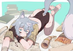 Rule 34 | 1girl, all fours, animal ear fluff, animal ears, aqua eyes, backless leotard, black gloves, black leotard, book, clothing cutout, crop top, cropped jacket, facial mark, feather necklace, foreshortening, gloves, grey hair, grey thighhighs, hexagram, highres, hood, hooded jacket, jacket, jewelry, kokuya (kokuya28), leotard, magic circle, multicolored hair, necklace, on floor, original, pile of books, scarf, scroll, short sleeves, soles, solo, star (symbol), stirrup legwear, tail, tail through clothes, thick eyebrows, thighhighs, toeless legwear, toes, tribal, tribal print, whisker markings, white hair, wolf ears, wolf girl, wolf tail