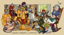Rule 34 | 3girls, absurdres, ayla (chrono trigger), bird, blonde hair, blue eyes, bookshelf, breasts, cape, chair, chrono trigger, crono (chrono trigger), frog (chrono trigger), glasses, gloves, headband, helmet, highres, lip pw, long hair, lucca ashtear, magus (chrono trigger), marle (chrono trigger), multiple girls, open mouth, original, ponytail, purple hair, red hair, robo (chrono trigger), robot, rocking chair, short hair, smile, spiked hair, sword, weapon, window