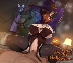 2boys 2girls 6no1 arm_up arms_behind_back blunt_bangs blush breasts brown_hair cape censored cleavage cowgirl_position earrings halloween hat highres hood jewelry lampshade large_breasts long_hair looking_at_viewer multiple_boys multiple_girls nipples original pussy sex straddling thighhighs witch witch_hat