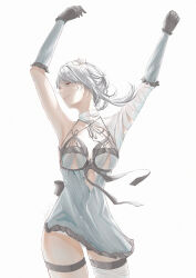 1girl absurdres arms_up babydoll bandages black_gloves black_ribbon braid breasts choker closed_eyes clothing_cutout covered_navel cowboy_shot crotch detached_sleeves dress frilled_dress frilled_sleeves frills gloves hair_flowing_over highres joihon kaine_(nier) medium_breasts narrow_waist nier nier_(series) nier_reincarnation out_of_frame ribbon signature simple_background skinny solo standing thigh_strap thighs white_background white_choker