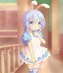Rule 34 | 1girl, 22m, animal ears, apron, blue bow, blue dress, blue eyes, blue hair, blue thighhighs, blush, bow, dress, fake animal ears, female focus, finger to mouth, frilled dress, frills, gochuumon wa usagi desu ka?, hair ornament, hairband, hairclip, hand up, highres, indoors, kafuu chino, long hair, maid, maid apron, matching hair/eyes, rabbit ears, short sleeves, solo, standing, striped clothes, striped thighhighs, thighhighs, x hair ornament, zettai ryouiki