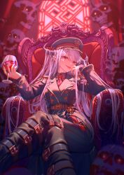 1girl absurdres couch crossed_legs cup demon_girl demon_horns drinking_glass epaulettes eyeball fang fringe_trim hat highres holding holding_cup horns long_hair looking_at_viewer military_uniform necktie original peaked_cap pink_hair pointy_ears red_eyes sitting slit_pupils solo spirit tongue tongue_out user_ezcr2553 very_long_hair wine_glass