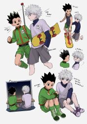 2boys black_hair blue_eyes full_body gon_freecss green_jacket green_shorts grey_shorts grin highres hunter_x_hunter jacket killua_zoldyck multiple_boys multiple_views open_mouth purple_shirt sha_nato shirt shorts simple_background skateboard smile spiked_hair teeth twitter_username upper_body walking white_background white_hair