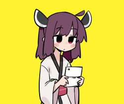 1girl ahoge blush_stickers brown_hair fusazakura handheld_game_console japanese_clothes kimono nintendo_ds playing_games red_eyes simple_background solo touhoku_kiritan twintails voiceroid white_kimono yellow_background
