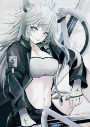 1girl absurdres animal_ear_fluff animal_ears arknights bandeau black_coat black_jacket black_shorts breasts coat cross cross_print_gloves gloves grey_bandeau grey_eyes grey_hair hair_between_eyes highres holding holding_sword holding_weapon jacket lappland_(arknights) large_breasts long_hair long_sleeves material_growth miura_koo navel oripathy_lesion_(arknights) scar scar_across_eye scar_on_face sharp_teeth shorts simple_background smirk solo sword teeth thighs weapon white_background wolf_ears wolf_girl