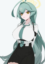 1girl :3 absurdres ahoge arms_behind_back black_skirt blue_archive blue_hair blue_necktie breasts closed_mouth collared_shirt cowboy_shot grey_background hair_between_eyes hair_intakes halo highres large_breasts long_hair long_sleeves looking_at_viewer necktie pleated_skirt shirt simple_background skirt solo suspenders umashio_potechi-san very_long_hair white_shirt yellow_eyes yume_(blue_archive)