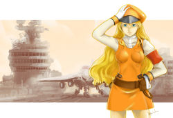 00s 1girl a-6 aircraft aircraft_carrier airplane armlet baiola belt belt_pouch blue_eyes bodysuit breasts closed_mouth cowboy_shot female_focus hat highres jet jewelry legs_apart letterboxed lips long_hair looking_at_viewer machinery macross macross_frontier military_vehicle peaked_cap pocket pouch sheryl_nome ship sidelocks simple_background skin_tight smile solo standing warship watercraft white_background