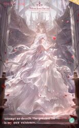 1girl angel_statue artist_request backless_dress backless_outfit bare_back blue_sky bridal_gauntlets castle character_name commentary copyright_name day dress english_commentary english_text estelle_(shining_nikki) flower full_body gown head_wreath highres lace_bridal_gauntlets light_rays logo long_dress long_hair looking_at_viewer looking_back nikki_(series) official_art outdoors outstretched_hand petals pillar rose rose_petals second-party_source shining_nikki sky solo stairs standing strapless strapless_dress sunlight very_long_hair wavy_hair when_roses_perish_(shining_nikki) white_bridal_gauntlets white_dress white_flower white_hair white_rose