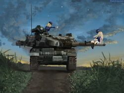 2girls amx-30_(tank) amx_30b2_brenus artist_request bc_freedom_military_uniform blonde_hair blue_eyes blue_hat blue_jacket cake cake_slice curly_hair food fork girls_und_panzer girls_und_panzer_saishuushou grass hat highres holding holding_fork holding_plate jacket kepi long_hair long_sleeves marie_(girls_und_panzer) military_hat military_vehicle miniskirt motor_vehicle multiple_girls night night_sky on_barrel oshida_(girls_und_panzer) plate pleated_skirt pointing pointing_at_another reactive_armor short_hair sitting skirt sky surprised tank tank_cupola unworn_hat unworn_headwear white_skirt