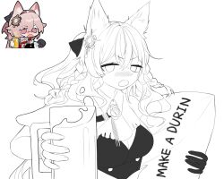 1girl alcohol animal_ear_fluff animal_ears arknights beer beer_mug black_dress blush braid breasts brown_hair chibi chibi_inset cleavage cup dokomon dress english_text hair_between_eyes highres holding holding_cup holding_pillow long_hair looking_at_viewer medium_breasts mug multiple_views nose_blush pillow pink_eyes pozyomka_(arknights) simple_background upper_body v-shaped_eyebrows very_long_hair white_background