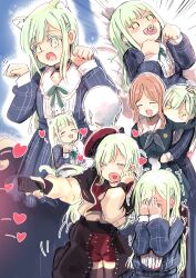 4girls aged_down animal_ear_fluff animal_ears baby bang_dream! bang_dream!_it&#039;s_mygo!!!!! beret blush blush_stickers brown_hair clenched_hands closed_eyes commentary covering_own_eyes dual_persona embarrassed flustered full-face_blush green_hair green_serafuku green_tail hair_ornament hairclip happy hat heart heart_in_mouth highres icarus_(2010741) kaname_raana kiss long_hair mortis_(bang_dream!) mortis_(costume)_(bang_dream!) mortis_(persona)_(bang_dream!) multiple_girls multiple_views mygo!!!!!_(bang_dream!) nagasaki_soyo on_chair open_mouth pacifier paw_pose red_hat school_uniform serafuku short_hair sidelocks sitting surprise_kiss surprised trembling wakaba_mutsumi white_hair yellow_eyes yuri