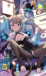 1girl animal_ears black_leotard black_pantyhose blush breasts breasts_out cat_ears cat_girl cat_tail censored closed_mouth dildo facial_mark feet genshin_impact grey_hair highres holding holding_sex_toy indoors legs leotard liclac long_hair long_sleeves looking_at_viewer lynette_(genshin_impact) mosaic_censoring nail_polish nipples no_shoes pantyhose purple_eyes pussy pussy_juice rabbit_vibrator sex_toy small_breasts solo spoken_squiggle spread_legs squiggle star_(symbol) stirrup_legwear tail toeless_legwear toenail_polish toenails toes torn_clothes torn_pantyhose vibrator