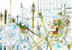 1boy 1girl abstract bird blonde_hair boots broken_mirror child fairy flower hat link midorihana_yasaiko mirror navi nintendo pillar pointy_ears princess princess_zelda rock smile stairs surreal sword the_legend_of_zelda the_legend_of_zelda:_ocarina_of_time weapon white_background young_link young_zelda