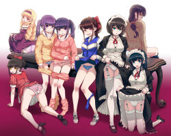 40hara 6+girls ass black_hair blonde_hair blue_eyes brown_hair drill_hair futaba_kano futaba_yuno garter_straps glaring glasses hairband iya_na_kao_sare_nagara_opantsu_misete_moraitai maid maid_headdress multiple_girls panties pointy_ears ponytail purple_hair red_eyes side_ponytail table underwear