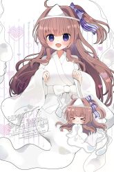 Rule 34 | &gt; &lt;, 1girl, :d, azuse matsuri, blush, bow, brown hair, chibi, chibi inset, closed eyes, closed mouth, commentary request, commission, floating hair, ghost, ghost girl, ghost pose, ghost tail, hair bow, hair intakes, hands up, heart, highres, hitodama, horizontal-striped bow, japanese clothes, kimi e okuru sora no hana, kimono, long hair, long sleeves, looking at viewer, obi, one side up, open mouth, ovoip, purple eyes, sash, sidelocks, skeb commission, sleeves past wrists, smile, solo, straight-on, striped background, striped bow, triangular headpiece, twitter username, vertical-striped background, watermark, white bow, white kimono, white sash, wide sleeves