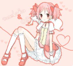1girl bad_drawr_id bad_id bow character_name creature dress dress_bow frilled_socks frills full_body gloves hair_bow heart jammy21 kaname_madoka kaname_madoka_(magical_girl) kyubey looking_at_viewer magical_girl mahou_shoujo_madoka_magica mahou_shoujo_madoka_magica_(anime) pink_background pink_bow pink_dress pink_hair pink_shoes puffy_short_sleeves puffy_sleeves shoes short_sleeves short_twintails socks solo soul_gem twintails white_gloves white_socks