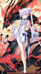 1girl black_gloves china_dress chinese_clothes choco_(chocolate_shop) dragon dress eastern_dragon fate/grand_order fate_(series) gloves grey_hair hair_ornament highres long_hair looking_at_viewer melusine_(fate) thighs twintails white_dress yellow_eyes