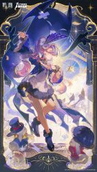 1girl absurdres bare_legs boots chinese_commentary commentary_request copyright_notice dress eye_mask full_body fur-trimmed_dress fur_trim hand_up highres jewelry legs logo looking_ahead mask mask_on_head multicolored_hair multiple_rings niukou_kouzi official_art pero_(wuthering_waves) pink_hair purple_boots purple_hair ring roccia_(wuthering_waves) second-party_source solo tacet_discord_(wuthering_waves) tacet_mark_(wuthering_waves) two-tone_hair white_dress wuthering_waves yellow_eyes