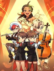 1brad 2boys 3girls :d alternate_costume arven_(pokemon) black_hair brown_footwear cello commentary conductor eyelashes florian_(pokemon) glasses gloves green_hair hat highres holding holding_instrument instrument jacket juliana_(pokemon) multicolored_hair multiple_boys multiple_girls nemona_(pokemon) nintendo open_mouth orchestra pantyhose penny_(pokemon) pokemon pokemon_sv round_eyewear shoes short_hair smile teeth two-tone_hair upper_teeth_only white_hat