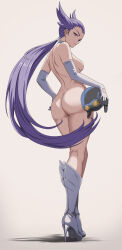 ass boots breasts creatures_(company) elbow_gloves from_behind game_freak gloves helmet high_heel_boots high_heels highres long_hair looking_at_viewer low_ponytail medium_breasts nintendo nude pokemon pokemon_oras ponytail purple_eyes purple_hair simple_background stiletto_boots stiletto_heels unworn_headwear unworn_helmet vivivoovoo white_background white_boots white_gloves winged_boots winona_(pokemon)