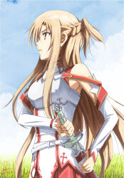 1girl armor asuna_(sao) braid breastplate brown_eyes brown_hair commentary_request grass highres holding holding_sheath holding_sword holding_weapon kem_kem lambent_light long_hair partial_commentary revision sheath sheathed solo sword sword_art_online upper_body very_long_hair weapon white_armor