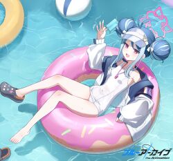 1girl absurdres bare_shoulders blue_archive blue_hair chinese_commentary commentary_request covered_navel crocs donut double_bun food fubuki_(blue_archive) fubuki_(swimsuit)_(blue_archive) hair_bun highres holding holding_food holding_popsicle jacket liago loli long_hair official_alternate_costume official_alternate_hairstyle one-piece_swimsuit open_mouth popsicle red_hair sandals sidelocks single_sandal solo swim_ring swimsuit visor_cap white_jacket white_one-piece_swimsuit
