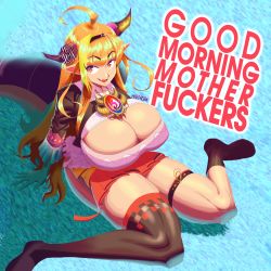 1girl ahoge anklet black_jacket blue_background bra breasts catchphrase chain cleavage cleavage_cutout clothing_cutout dragon_horns dragon_tail hardkoba highres hololive horns huge_breasts jacket jewelry kiryu_coco long_hair looking_to_the_side medallion open_mouth orange_hair pointy_ears red_eyes red_skirt ribbon ruffled_shirt shirt shoes skirt smile socks solo tail thighhighs thighs tooth underwear virtual_youtuber white_bra white_shirt
