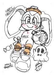 1girl 2016 aku_tojyo candy cleft_of_venus cream_the_rabbit female_focus flat_chest food full_body furry ghost halloween halloween_costume jack-o&#039;-lantern loli looking_at_viewer nipples nude pussy smile sonic_(series) uncensored