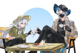 1boy 1girl :q arknights bacon black_gloves black_hat black_pants black_pantyhose black_shirt blue_background blue_hat border brown_jacket closed_eyes crop_top cropped_jacket crossed_legs cup feet_out_of_frame fingerless_gloves food fork gloves green_hat green_shorts hat highres holding holding_cup holding_fork jacket leaning_forward long_hair mask mouth_mask multiple_necklaces notice_lines official_alternate_costume pants pantyhose pantyhose_under_shorts plate red_eyes sandwich shirt shorts skadi_(arknights) stomach table tongue tongue_out two-sided_fabric ulpianus_(arknights) white_background yakota_(usuk-yako)