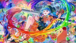 1girl ahoge apron arm_ribbon artist_request beret blue_background blue_hair blue_ribbon blush breasts brown_sandals brush closed_mouth color_guide commentary_request copyright_notice drawing_(object) dress easel eyes_visible_through_hair fingernails flying grabbing_another&#039;s_breast green_apron green_background green_hat green_headscarf green_scarf groping hair_between_eyes hands_up haniwa_(statue) haniyasushin_keiki hat headscarf highres jewelry leg_ribbon long_fingernails long_hair looking_at_viewer magatama magatama_necklace medium_breasts multicolored_background necklace open_mouth orange_background orange_dress paint paintbrush pink_background pocket puffy_short_sleeves puffy_sleeves purple_background purple_eyes purple_hat rainbow red_hat ribbon sandals scarf short_sleeves smile solo sparkle statue teeth toenails tongue tools touhou touhou_danmaku_kagura yellow_background