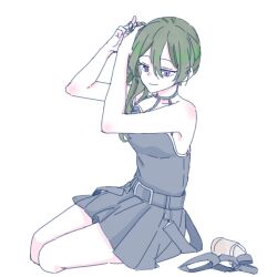 1girl absurdres arms_up bare_arms bare_shoulders belt belt_buckle black_belt black_dress breasts buckle closed_mouth cropped_legs dress green_hair hair_between_eyes highres long_hair pleated_dress purple_eyes seila_rei side_ponytail simple_background sitting small_breasts smile solo sousou_no_frieren tying_hair ubel_(sousou_no_frieren) white_background