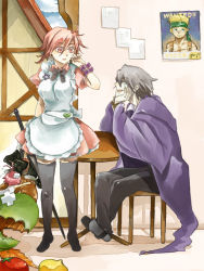 1boy 1girl gig gig_(soul_cradle) grey_hair looking_at_another maid_apron midriff pink_eyes pink_hair revya_(female) short_hair smile soul_cradle