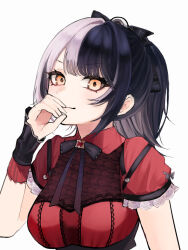 1girl black_hair black_ribbon closed_mouth dress grey_hair hand_up hololive hololive_english looking_at_viewer mapumapu multicolored_hair official_alternate_costume official_alternate_hairstyle ponytail red_dress ribbon shiori_novella shiori_novella_(casual) solo split-color_hair two-tone_hair virtual_youtuber yellow_eyes