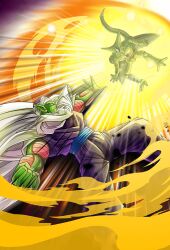 2boys cape cell_(dragon_ball) colored_skin dragon_ball green_skin ki_blast multiple_boys muscular muscular_male official_art piccolo pointy_ears serious
