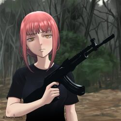 1girl akm assault_rifle bare_tree black_shirt breasts chainsaw_man closed_mouth commentary cosplay day english_commentary finger_on_trigger forest frown gun highres holding holding_gun holding_weapon kalashnikov_rifle long_hair looking_at_viewer makima_(chainsaw_man) medium_breasts nature outdoors red_hair reizicherry rifle ringed_eyes sam_hyde_(cosplay) self-upload shirt short_sleeves solo t-shirt tree twitter_username upper_body weapon yellow_eyes