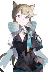 1girl absurdres animal_ears aqua_bow arms_behind_back black_leotard black_pantyhose bow cat_ears cat_girl cat_tail frilled_leotard frills genshin_impact grey_hair hair_bow highres leotard long_sleeves looking_at_viewer lynette_(genshin_impact) pantyhose purple_eyes shuxiuxiao solo tail upper_body white_background