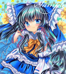 Rule 34 | 1girl, alternate color, ascot, black hair, blue dress, blue eyes, blush, bow, closed mouth, dress, floral background, flower, frilled bow, frills, hair bow, hair tubes, hakurei reimu, hand up, long hair, long sleeves, looking at viewer, marker (medium), rui (sugar3), smile, solo, touhou, traditional media, upper body, wide sleeves, yellow ascot, yellow flower