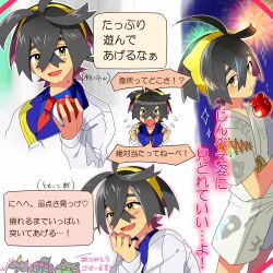 1boy black_hair blush candy_apple commentary_request crossed_bangs fezandipiti fireworks flying_sweatdrops food hair_between_eyes hairband holding holding_food holding_poke_ball jacket kao_(gururincho) kieran_(pokemon) long_sleeves male_focus mole mole_on_neck multiple_views munkidori nintendo okidogi open_mouth poke_ball poke_ball_(basic) pokemon pokemon_sv purple_hair shirt translation_request white_jacket yellow_eyes yellow_hairband