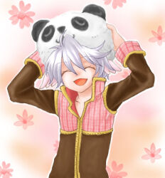 Rule 34 | 1boy, brown coat, closed eyes, coat, commentary request, hands on headwear, haruhana1104, lowres, male focus, multicolored coat, open mouth, panda hat, pink coat, priest (ragnarok online), ragnarok online, short hair, smile, solo, two-tone coat, upper body, white hair