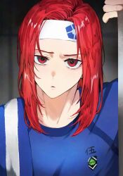 1boy blue_lock blue_shirt chigiri_hyoma commentary_request headband highres long_hair looking_at_viewer male_focus naka_(58hrprtr) open_mouth red_eyes red_hair shirt solo towel towel_on_one_shoulder white_headband