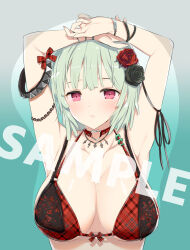 Rule 34 | 1girl, :/, armpits, arms up, bikini, breast focus, breast mousepad, breasts, closed eyes, flower, front-tie bikini top, front-tie top, green hair, hair flower, hair ornament, large breasts, looking at viewer, marvelous, mousepad, naraku (senran kagura), pink eyes, rose, sample watermark, senran kagura, solo, swimsuit, watermark, yaegashi nan