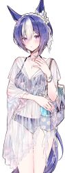 1girl animal_ears bag bikini blue_bag blue_bikini blue_eyes blue_hair bracelet character_request dress hand_up highres horse_ears horse_girl horse_tail jewelry looking_at_viewer multicolored_hair multiple_bracelets necklace see-through_bag see-through_clothes see-through_dress short_hair shoulder_bag simple_background solo swimsuit tail tetora_(oudonoishiize) umamusume white_background white_hair
