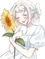 Rule 34 | 1girl, :d, blue eyes, blue ribbon, blush, bow, braid, closed eyes, dress, flower, gakuen idolmaster, grey hair, hair bow, hair ribbon, half up braid, holding, holding flower, idolmaster, katsuragi lilja, nagi 7g, open mouth, puffy short sleeves, puffy sleeves, ribbon, ribbon braid, short hair, short sleeves, signature, simple background, smile, solo, sunflower, white background, white bow, white dress