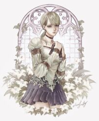 1girl blonde_hair blue_eyes commission dress flower highres mina_(minalaifey) ponytail simple_background skirt solo white_background window