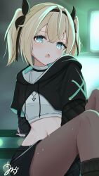 Rule 34 | 1girl, absurdres, black hoodie, blonde hair, blue eyes, brown pantyhose, commentary request, crop top, cropped hoodie, hair ribbon, highres, hishaku (7stel2ar), hololive, hood, hood down, hoodie, jewelry, kazama iroha, kazama iroha (pop dance), long hair, long sleeves, midriff, miniskirt, navel, necklace, official alternate costume, open mouth, pantyhose, puffy long sleeves, puffy sleeves, ribbon, shirt, sitting, skirt, solo, stomach, twintails, undershirt, virtual youtuber, white shirt