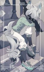 Rule 34 | 1boy, animal ear fluff, animal ear piercing, animal ears, aqua eyes, aqua tongue, black hair, black skin, capri pants, colored skin, commentary, crossed arms, full body, green shirt, grey shoes, hair over one eye, highres, long sleeves, male focus, multicolored hair, open mouth, original, ozureiji, pants, round eyewear, shirt, shoes, short hair, sitting, sitting on stairs, smile, solo, stairs, sunglasses, symbol-only commentary, tail, tassel, two-tone hair, white hair, white pants